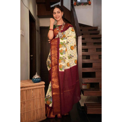 Isadora Life Womens Floral Printed Cream Pre-Draped Saree with Unstitched Blouse