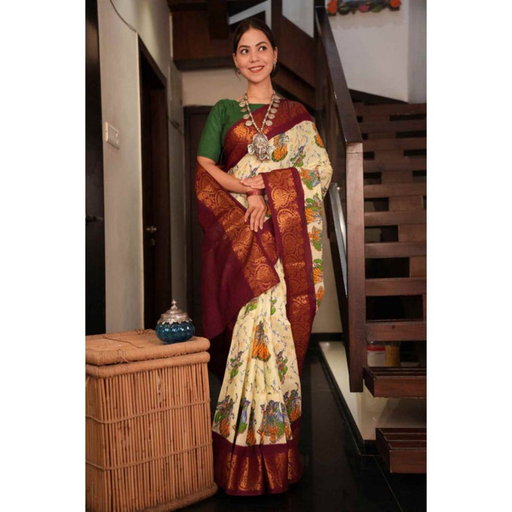 Isadora Life Womens Floral Printed Cream Pre-Draped Saree with Unstitched Blouse
