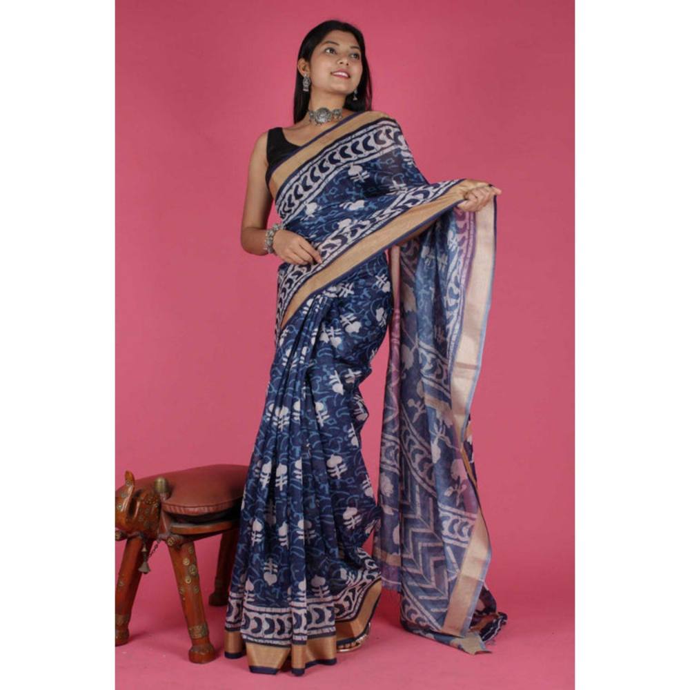 Isadora Life Womens Printed Blue Pre-Draped Saree with Unstitched Blouse