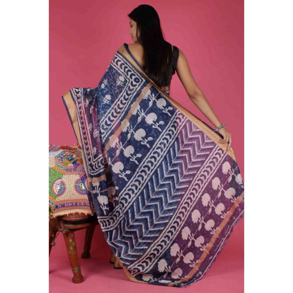 Isadora Life Womens Printed Blue Pre-Draped Saree with Unstitched Blouse