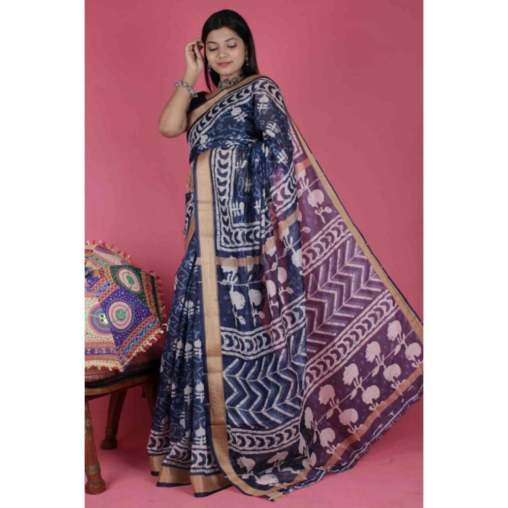 Isadora Life Womens Printed Blue Pre-Draped Saree with Unstitched Blouse