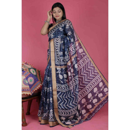 Isadora Life Womens Printed Blue Pre-Draped Saree with Unstitched Blouse