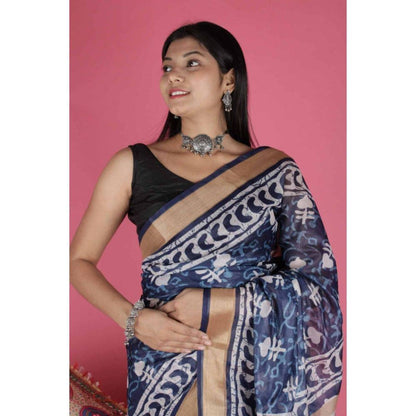 Isadora Life Womens Printed Blue Pre-Draped Saree with Unstitched Blouse