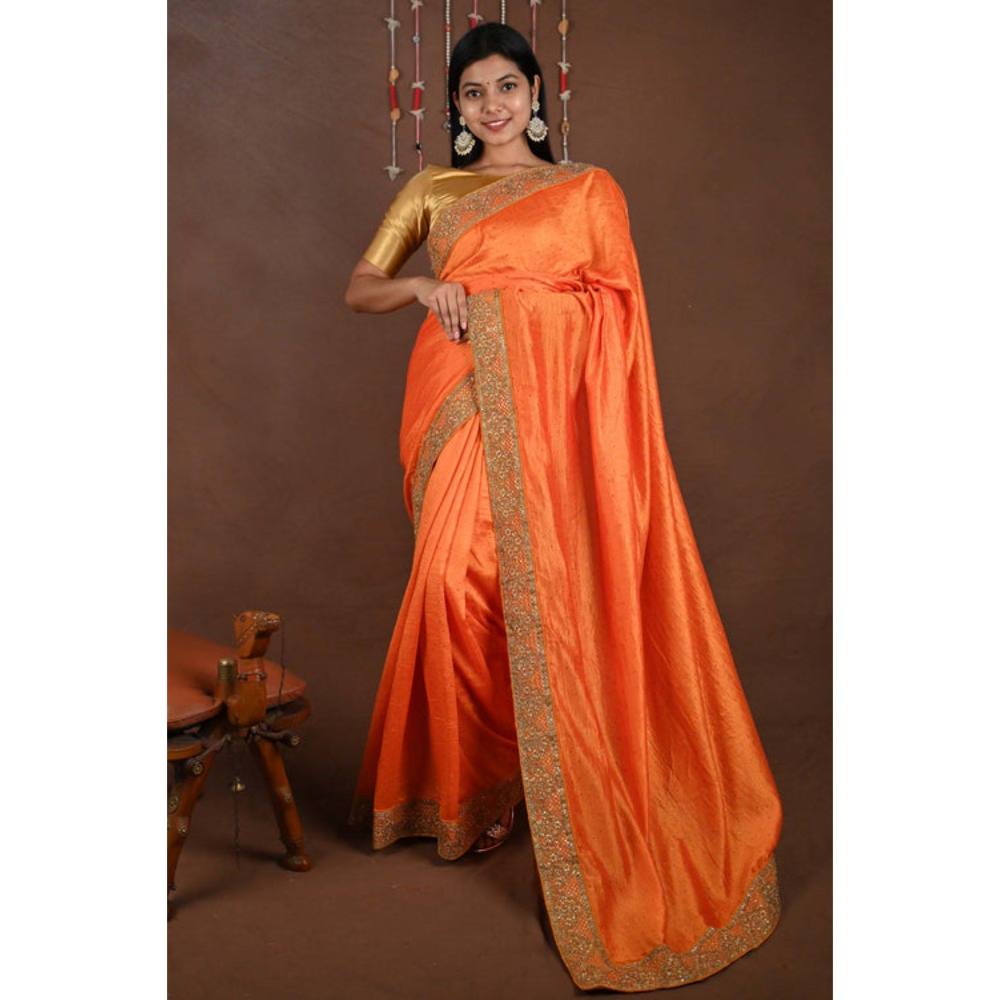 Isadora Life Womens Sequined Embroidered Orange Pre-Draped Saree with Unstitched Blouse