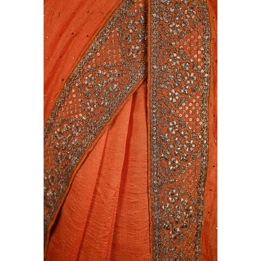 Isadora Life Womens Sequined Embroidered Orange Pre-Draped Saree with Unstitched Blouse