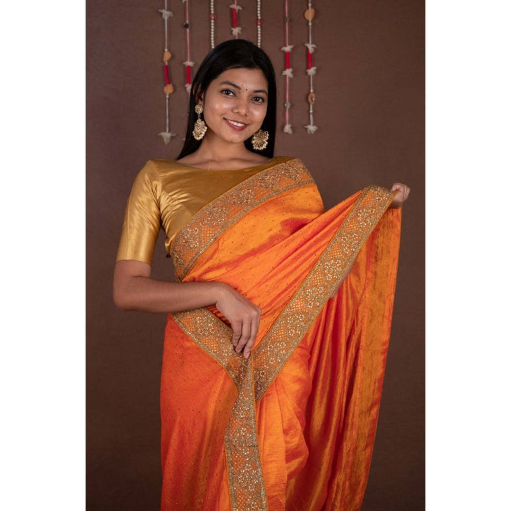 Isadora Life Womens Sequined Embroidered Orange Pre-Draped Saree with Unstitched Blouse