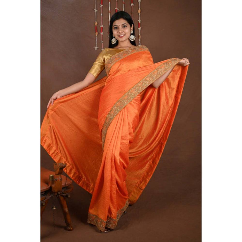Isadora Life Womens Sequined Embroidered Orange Pre-Draped Saree with Unstitched Blouse