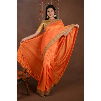 Isadora Life Womens Sequined Embroidered Orange Pre-Draped Saree with Unstitched Blouse