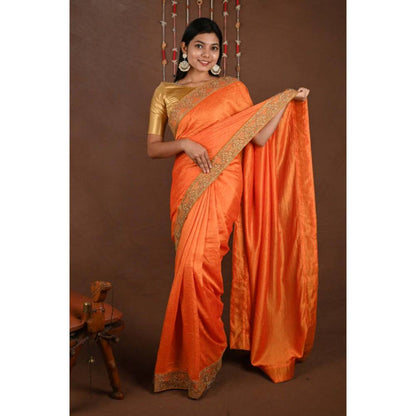 Isadora Life Womens Sequined Embroidered Orange Pre-Draped Saree with Unstitched Blouse