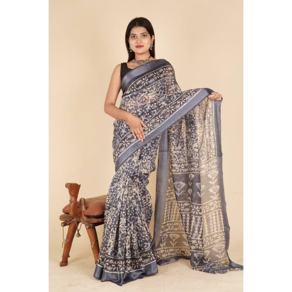 Isadora Life Womens Printed Grey Pre-Draped Saree with Unstitched Blouse