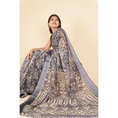 Isadora Life Womens Printed Grey Pre-Draped Saree with Unstitched Blouse