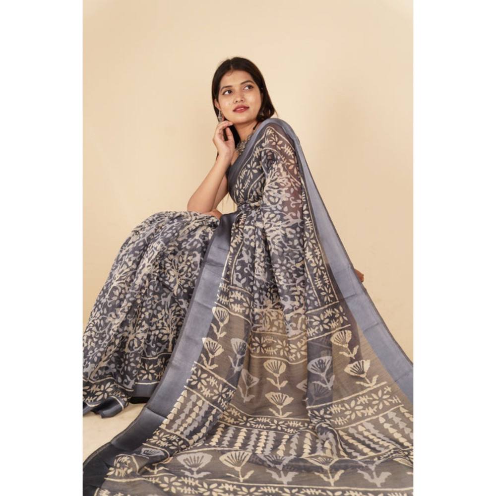 Isadora Life Womens Printed Grey Pre-Draped Saree with Unstitched Blouse