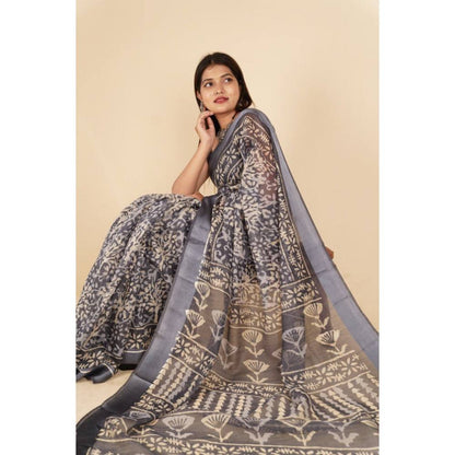 Isadora Life Womens Printed Grey Pre-Draped Saree with Unstitched Blouse
