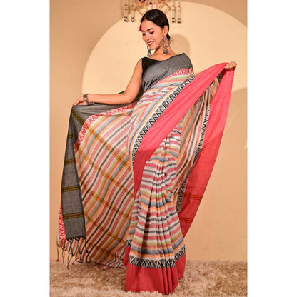 Isadora Life Womens Striped Printed Multi-Color Pre-Draped Saree with Unstitched Blouse