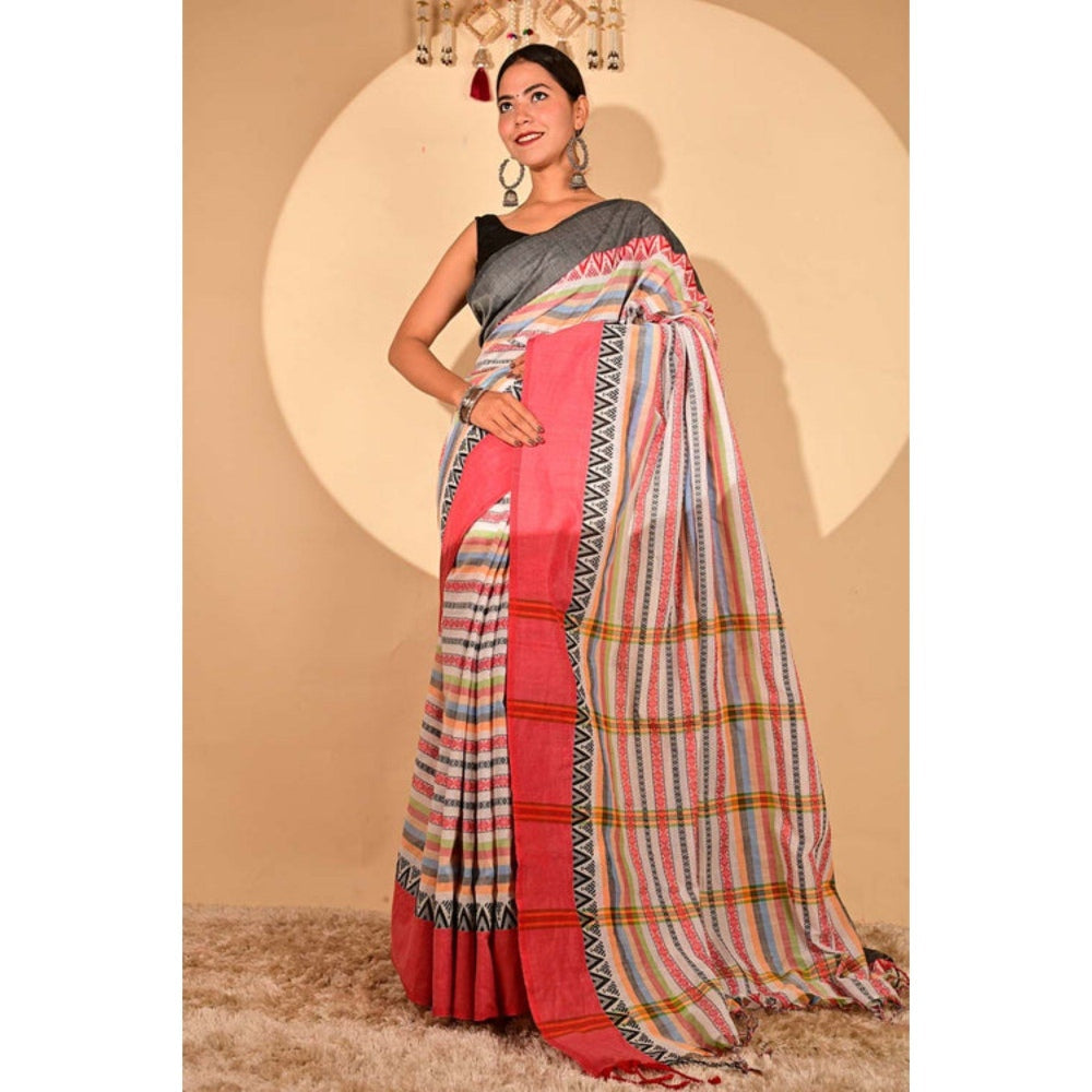 Isadora Life Womens Striped Printed Multi-Color Pre-Draped Saree with Unstitched Blouse