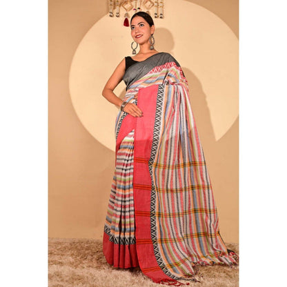Isadora Life Womens Striped Printed Multi-Color Pre-Draped Saree with Unstitched Blouse