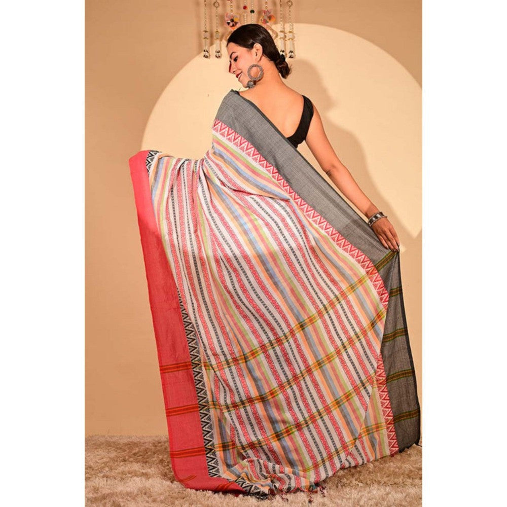 Isadora Life Womens Striped Printed Multi-Color Pre-Draped Saree with Unstitched Blouse