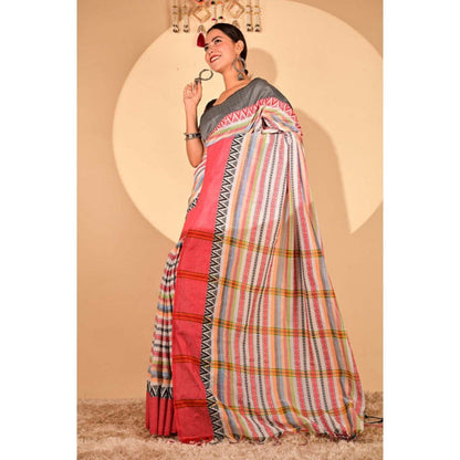 Isadora Life Womens Striped Printed Multi-Color Pre-Draped Saree with Unstitched Blouse