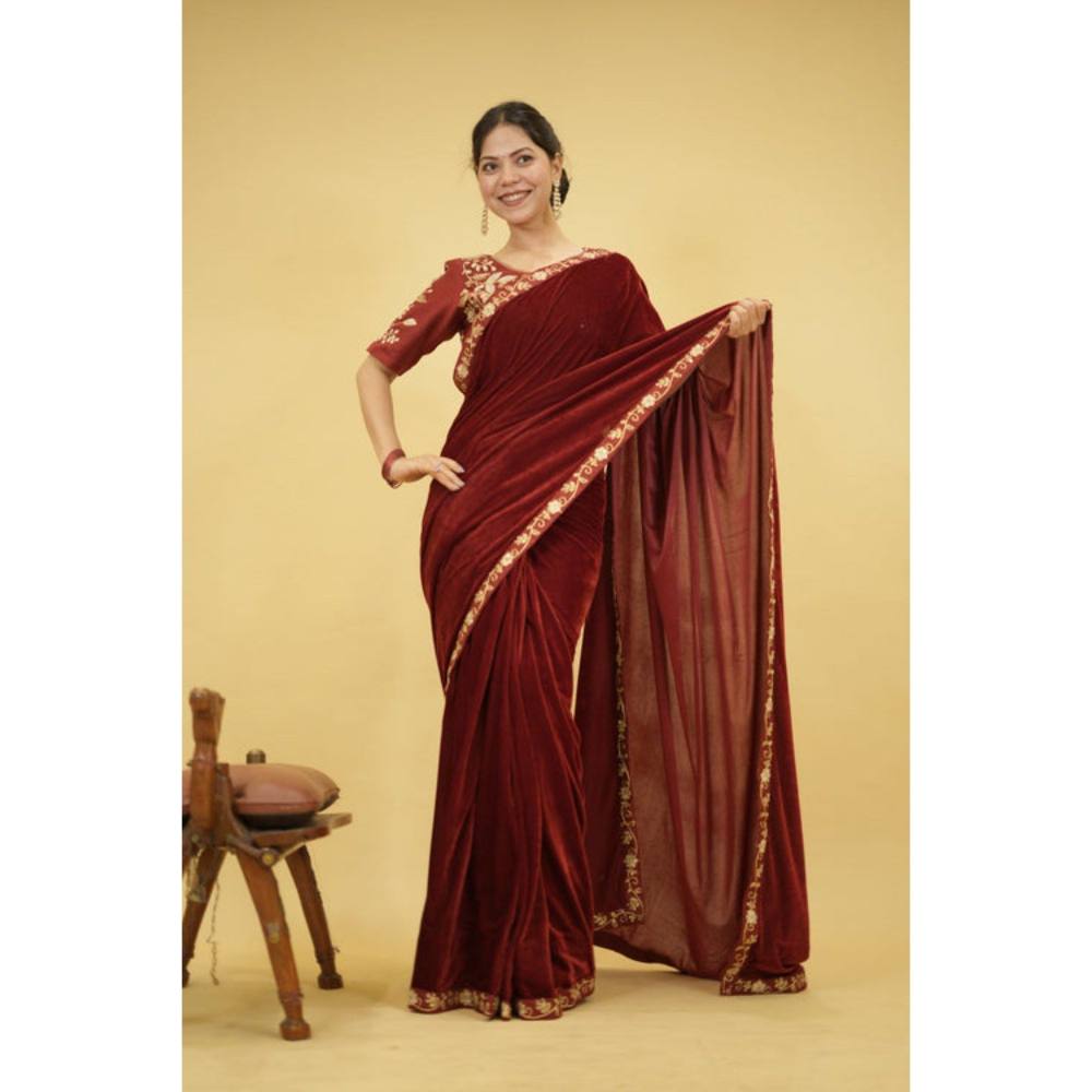 Isadora Life Womens Solid Embroidered Brown Pre-Draped Saree with Unstitched Blouse