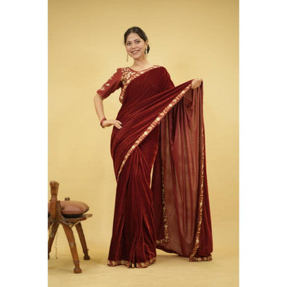 Isadora Life Womens Solid Embroidered Brown Pre-Draped Saree with Unstitched Blouse