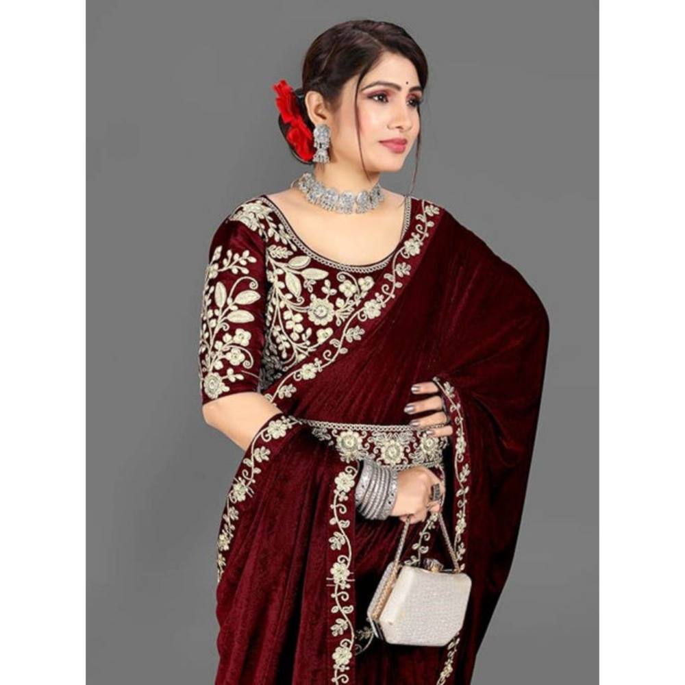 Isadora Life Womens Solid Embroidered Brown Pre-Draped Saree with Unstitched Blouse