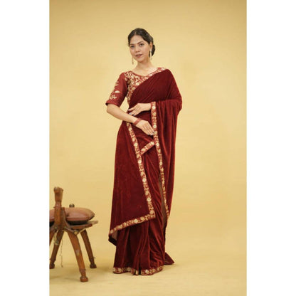 Isadora Life Womens Solid Embroidered Brown Pre-Draped Saree with Unstitched Blouse