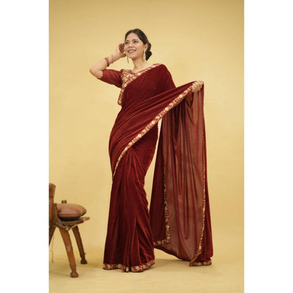 Isadora Life Womens Solid Embroidered Brown Pre-Draped Saree with Unstitched Blouse