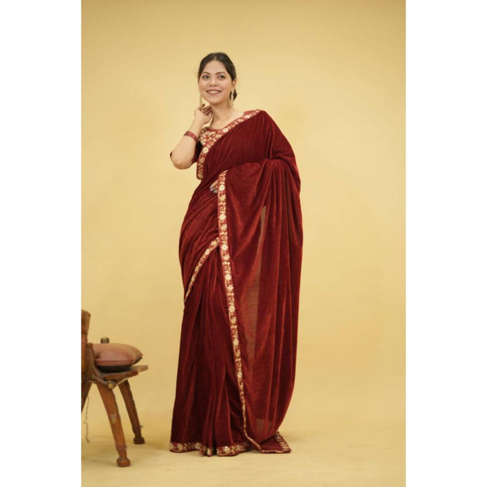 Isadora Life Womens Solid Embroidered Brown Pre-Draped Saree with Unstitched Blouse
