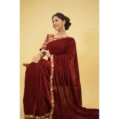 Isadora Life Womens Solid Embroidered Brown Pre-Draped Saree with Unstitched Blouse