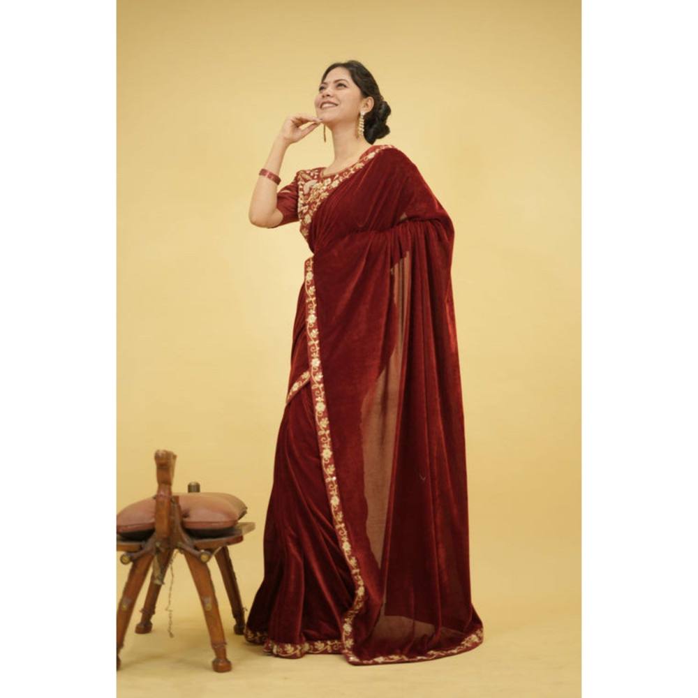 Isadora Life Womens Solid Embroidered Brown Pre-Draped Saree with Unstitched Blouse