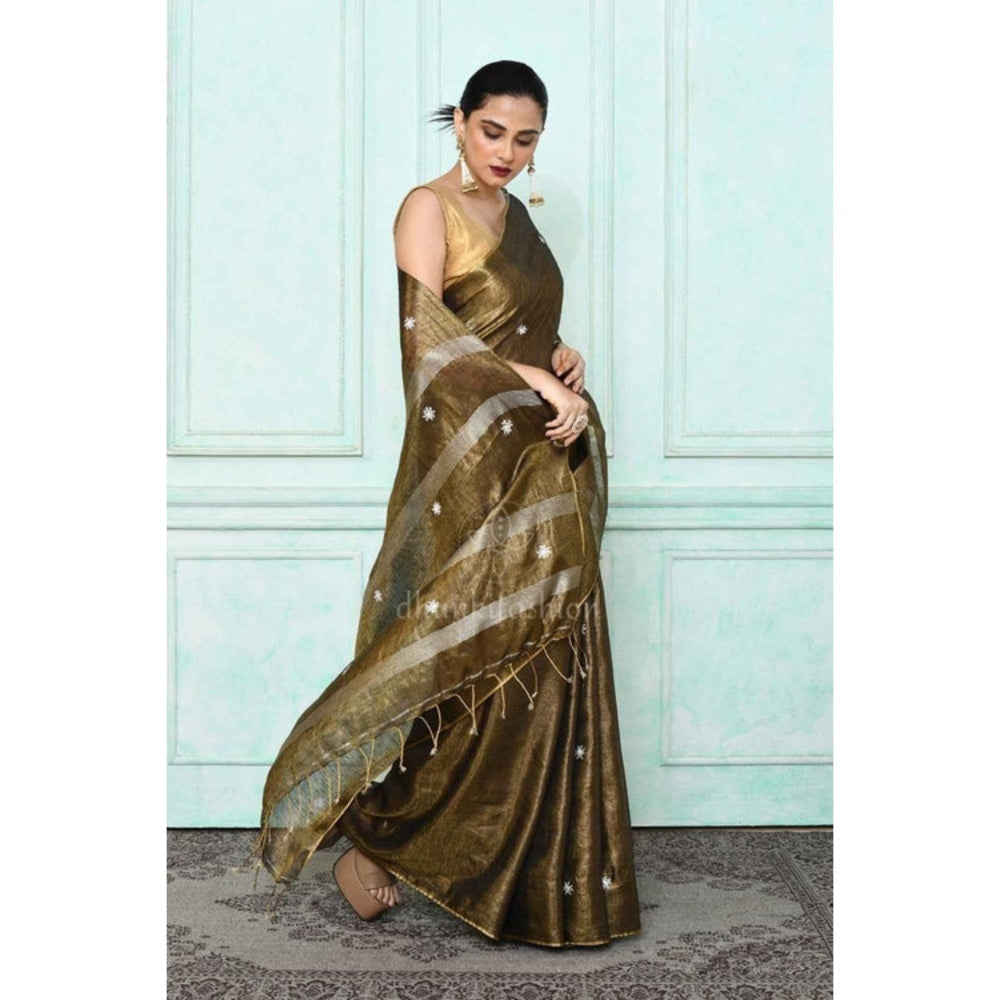Isadora Life Womens Woven Tassels Gold Pre-Draped Saree with Unstitched Blouse