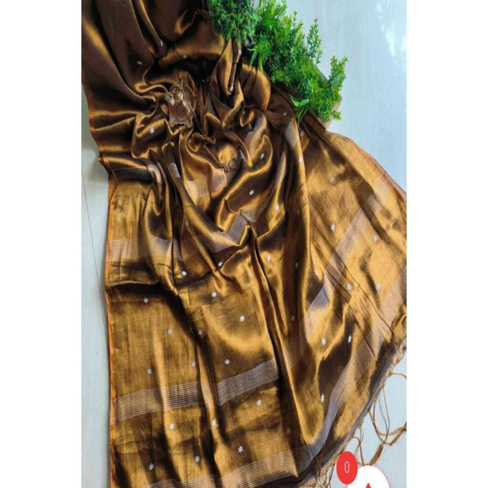 Isadora Life Womens Woven Tassels Gold Pre-Draped Saree with Unstitched Blouse