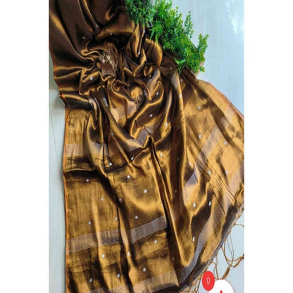 Isadora Life Womens Woven Tassels Gold Pre-Draped Saree with Unstitched Blouse