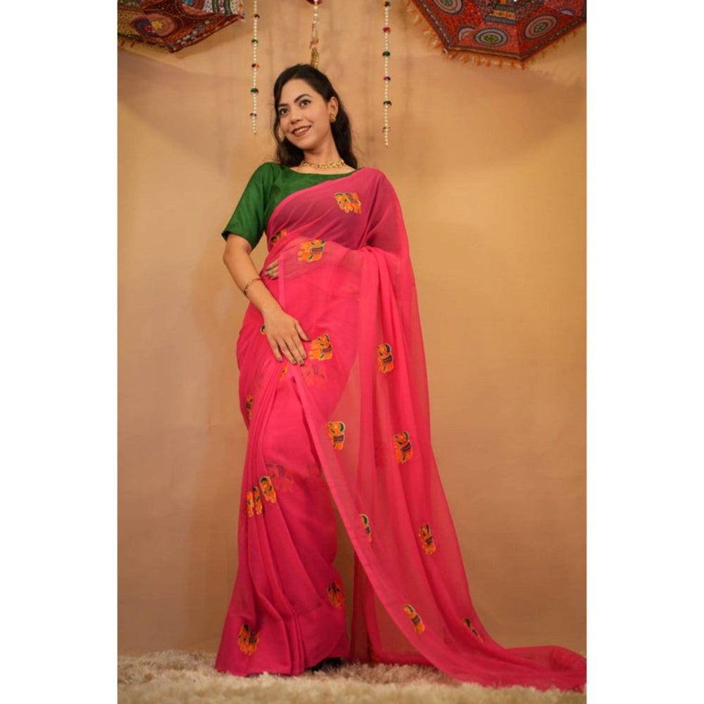 Isadora Life Womens Embroidered Thread Work Pink Pre-Draped Saree with Unstitched Blouse