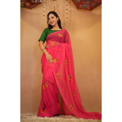 Isadora Life Womens Embroidered Thread Work Pink Pre-Draped Saree with Unstitched Blouse