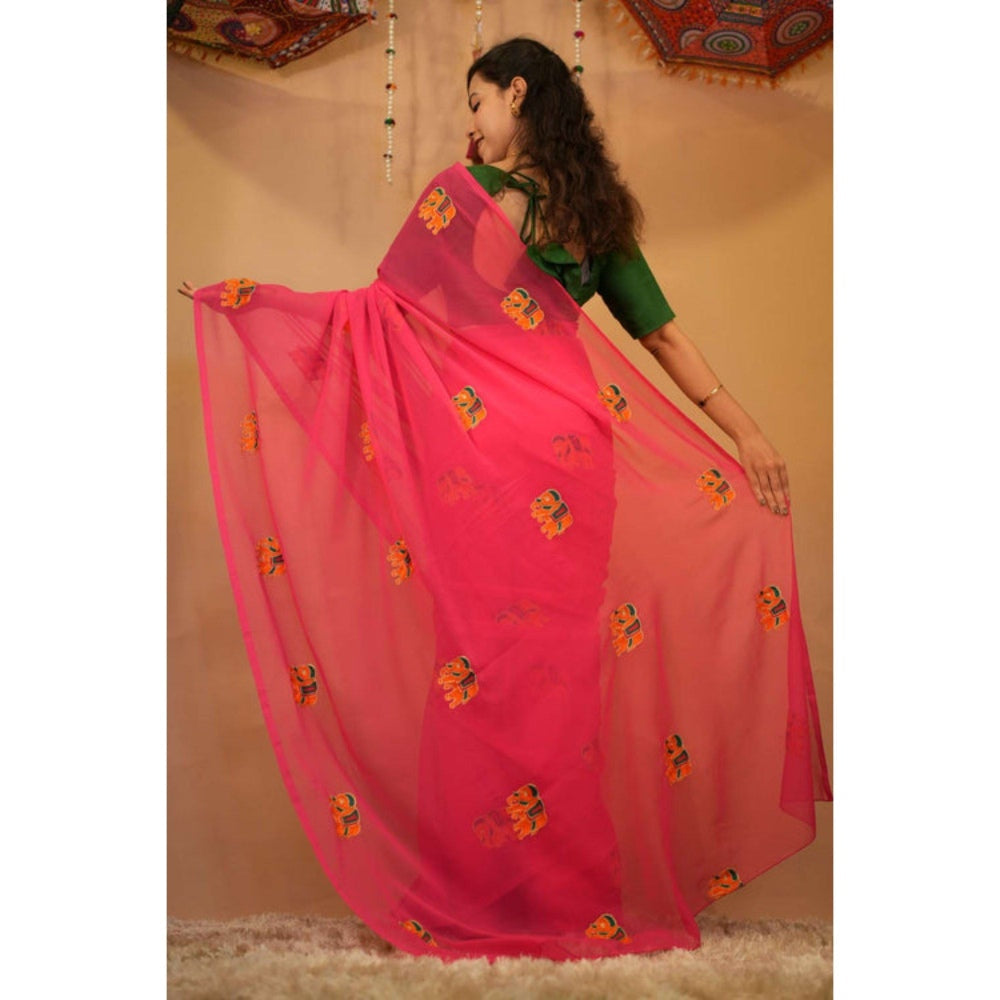 Isadora Life Womens Embroidered Thread Work Pink Pre-Draped Saree with Unstitched Blouse