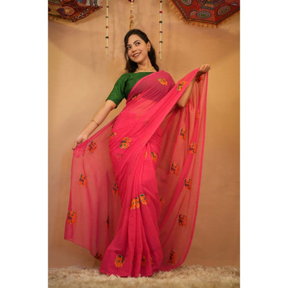 Isadora Life Womens Embroidered Thread Work Pink Pre-Draped Saree with Unstitched Blouse