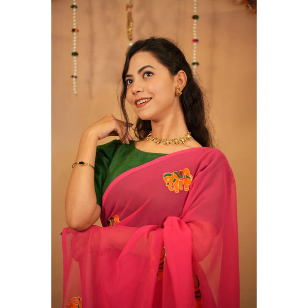 Isadora Life Womens Embroidered Thread Work Pink Pre-Draped Saree with Unstitched Blouse