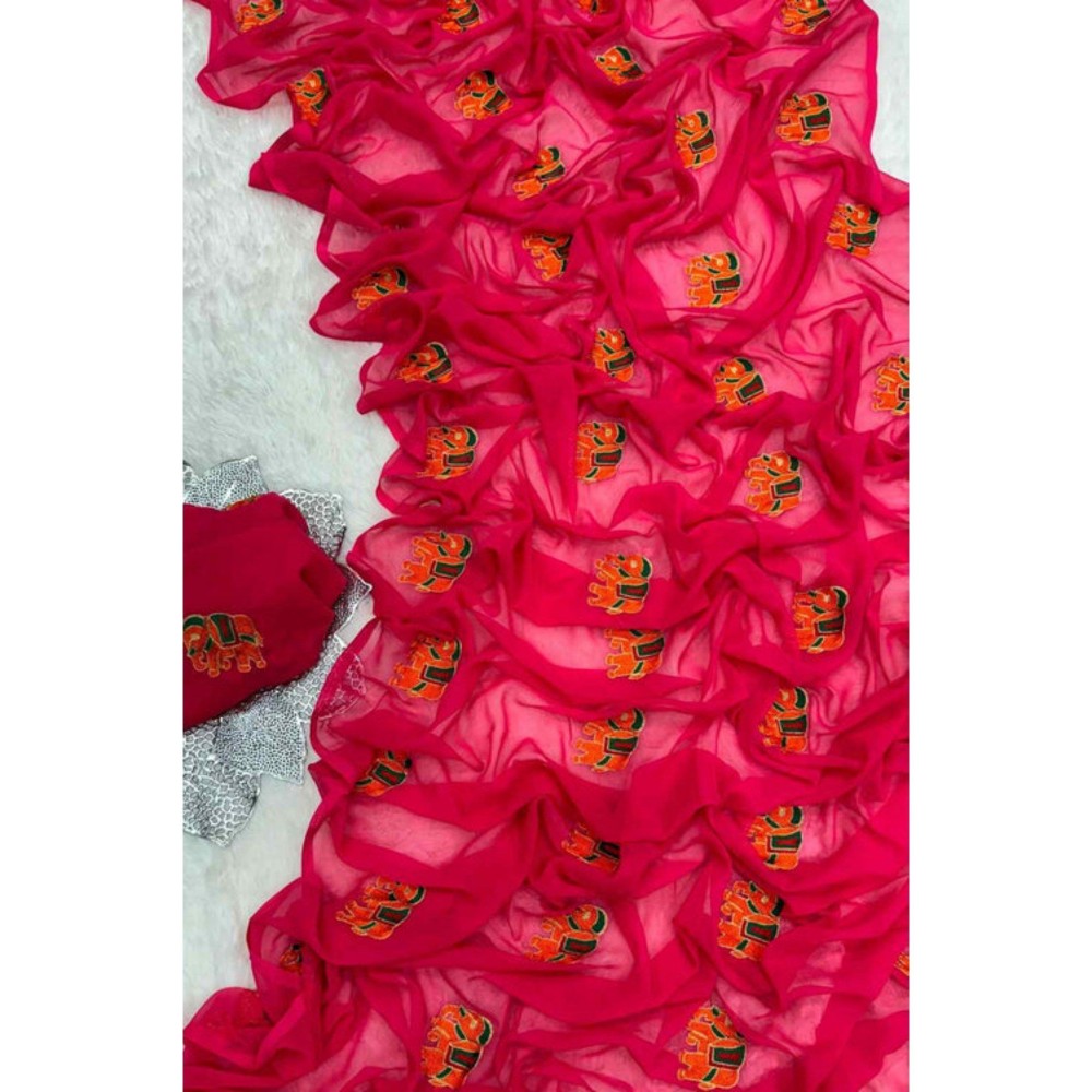 Isadora Life Womens Embroidered Thread Work Pink Pre-Draped Saree with Unstitched Blouse