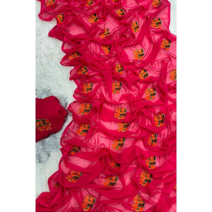 Isadora Life Womens Embroidered Thread Work Pink Pre-Draped Saree with Unstitched Blouse