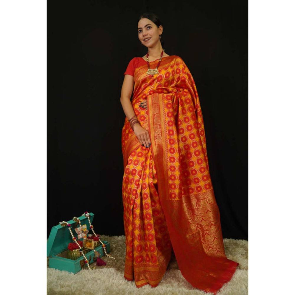 Isadora Life Womens Printed Orange Pre-Draped Saree with Unstitched Blouse