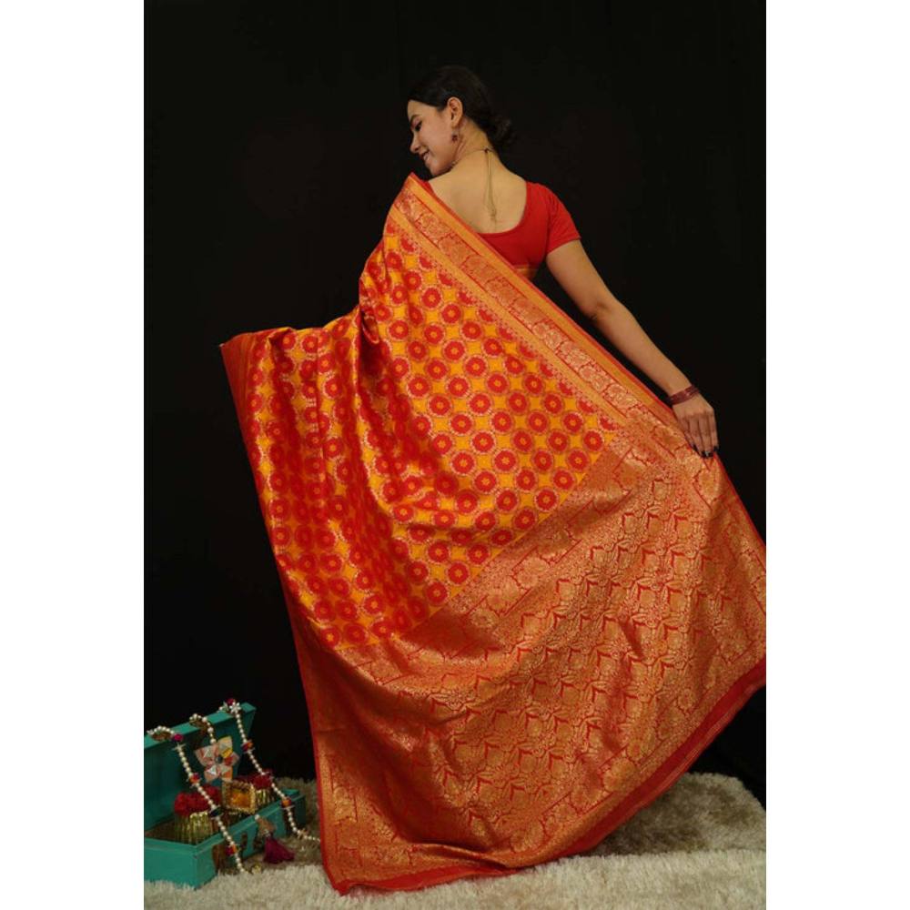 Isadora Life Womens Printed Orange Pre-Draped Saree with Unstitched Blouse