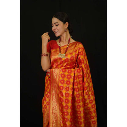 Isadora Life Womens Printed Orange Pre-Draped Saree with Unstitched Blouse