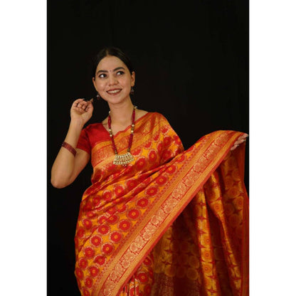 Isadora Life Womens Printed Orange Pre-Draped Saree with Unstitched Blouse
