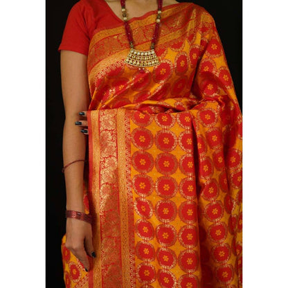 Isadora Life Womens Printed Orange Pre-Draped Saree with Unstitched Blouse