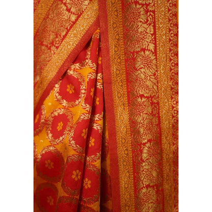 Isadora Life Womens Printed Orange Pre-Draped Saree with Unstitched Blouse