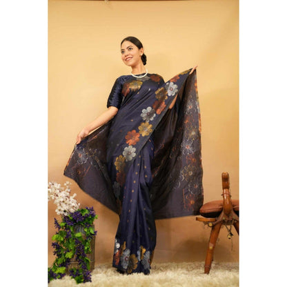 Isadora Life Womens Floral Woven Navy Blue Pre-Draped Saree with Unstitched Blouse