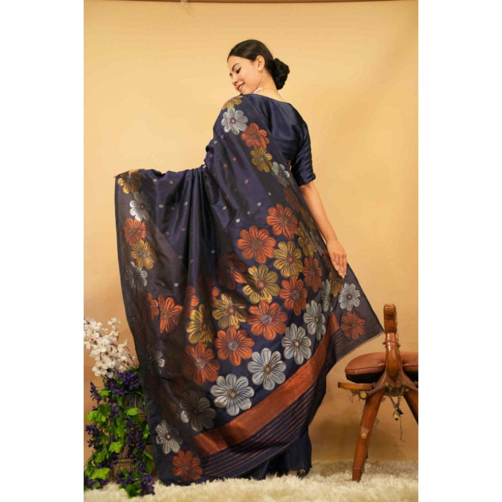 Isadora Life Womens Floral Woven Navy Blue Pre-Draped Saree with Unstitched Blouse
