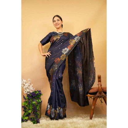 Isadora Life Womens Floral Woven Navy Blue Pre-Draped Saree with Unstitched Blouse