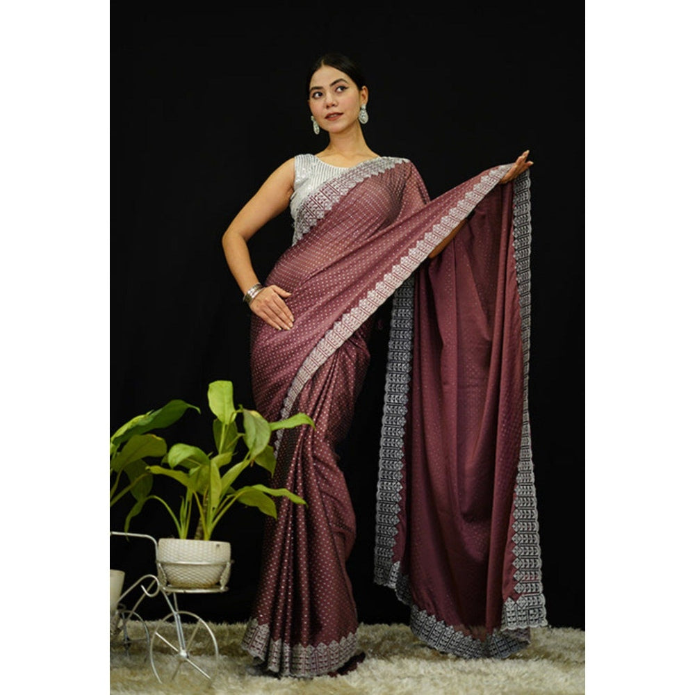 Isadora Life Womens Beads Sequined Brown Pre-Draped Saree with Unstitched Blouse